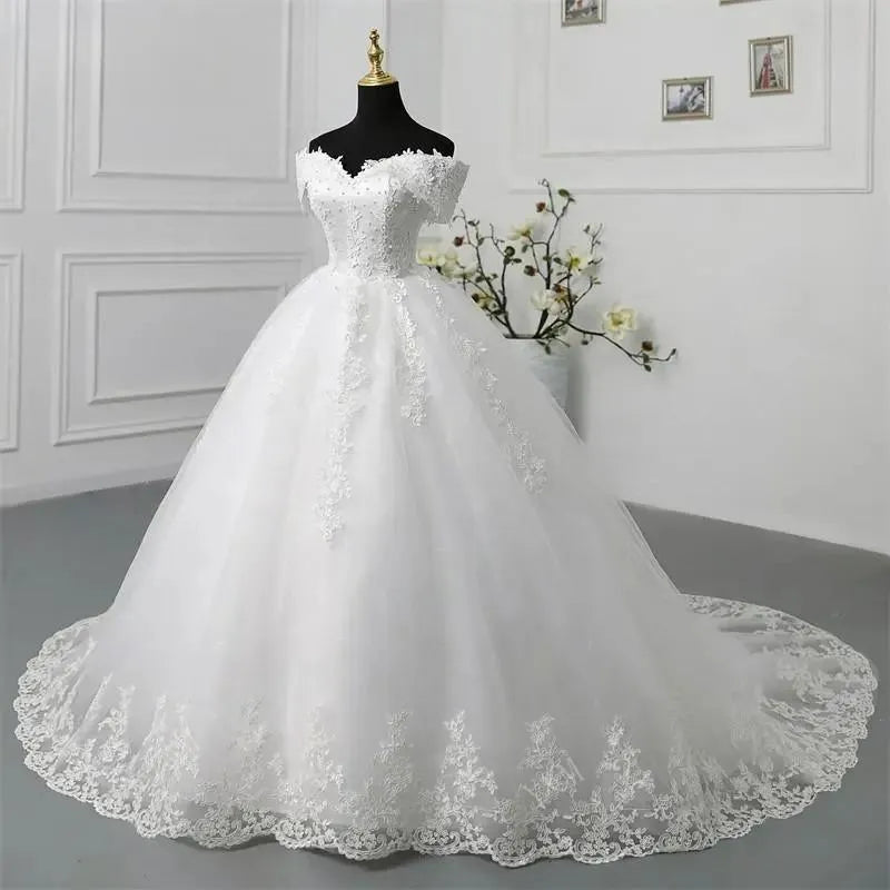 Y&M Novias Off Shoulder Plus Size Vestido De Noiva Wedding Dress Long Train or Floor Appliqes Pearls Bridal Tulle Mariage White Long Train