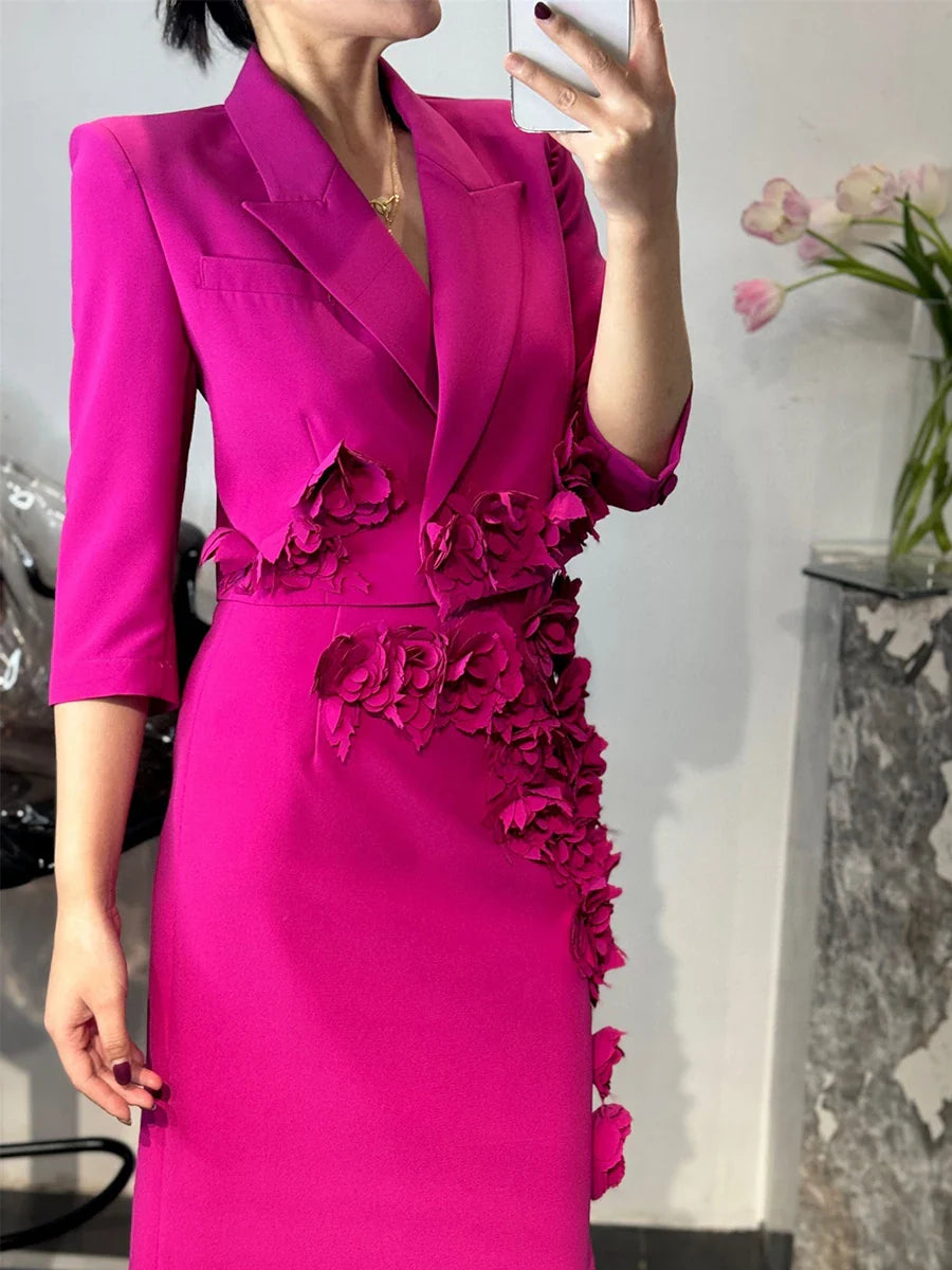 Solid Slimming Spliced 3D Flower Two Piece Sets for Women Lapel Half Sleeves Short Top High Waist Skirt Set Female