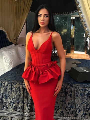 Sexy Women Long Bandage Dress Ruffle Sleeveless Slim Solid Summer Party Fishbone Maxi Dress Clubwear Female Vestido Outfits