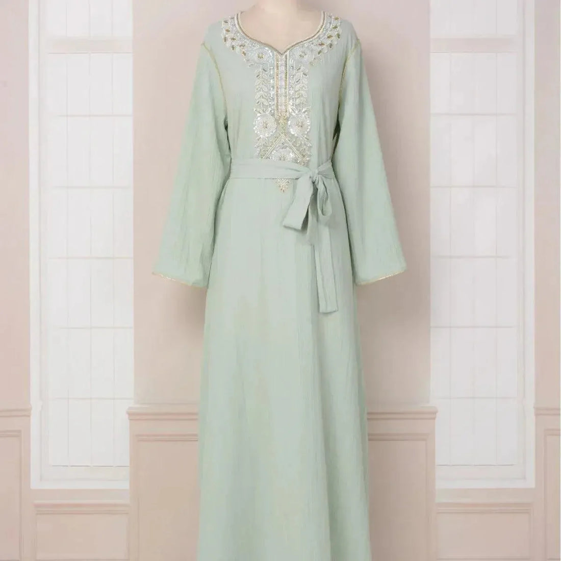 Abaya for Women Dubai Muslim Long Dress V-neck Long Sleeve Beaded Dress for Evening Party Fashion Elegant Women Clothing