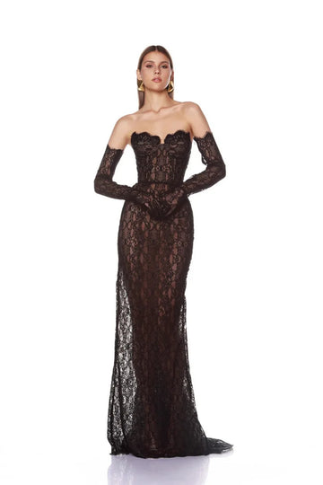 New Summer Black Color Women Sexy Strapless Lace Floor-length Mermaid Dress Gloves Elegant Evening Party Prom Outfit