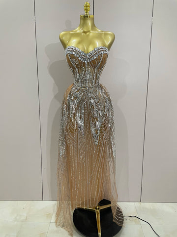 Sparkly Rhinestone Sequins Sexy Strapless See-Through Long Dress Women Evening Birthday Party Dress Nightclub Stage Costume