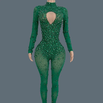 Sparkly Rhinestone See Through Mesh Tight Fitting Jumpsuit Women Night Party Outfit Female Singer Stage Performance Wear Cuican