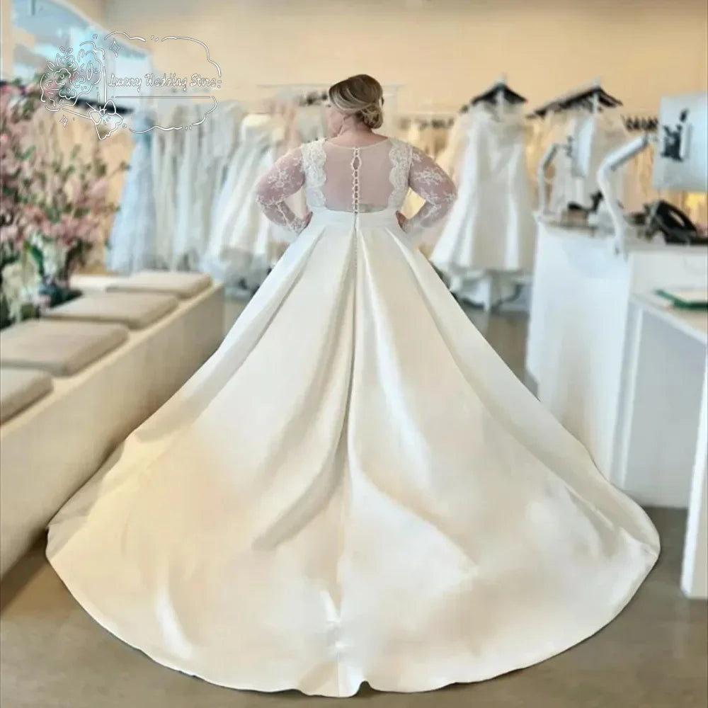 Plus Size Wedding Dresses with Long Sleeves Appliques Lace Sheer Back Satin A Line Garden Outdoor Beach Bridal Gowns