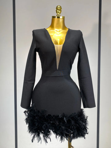 Women Fashion Sexy V Neck Long Sleeve Black Feather Mini Bodycon Bandage Dress Elegant Evening Club Birthday Party Dress
