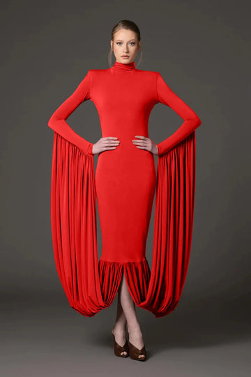 2025 New Red Women Long Sleeve Sexy Bodycon Long Dress Celebrate Evening Party Prom Fashion Cocktail Outfit High Quality