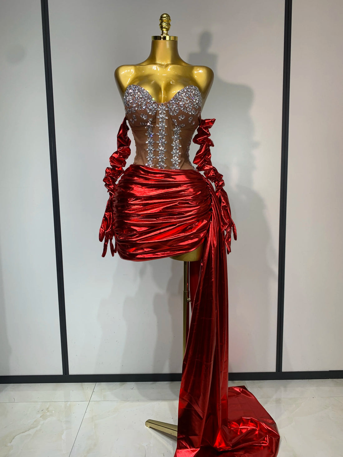 Sparkly Diamonds Sexy Mesh See Through Mini Dress Glove Women Celebrate Party Luxury Birthday Nightclub Perform Stage Outfit