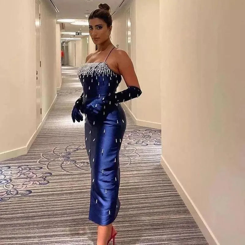 Navy Blue Spaghetti Straps Midi Evening Dress Luxury Dubai Beige Pink Arabic Women Wedding Party Gown Evening Dress