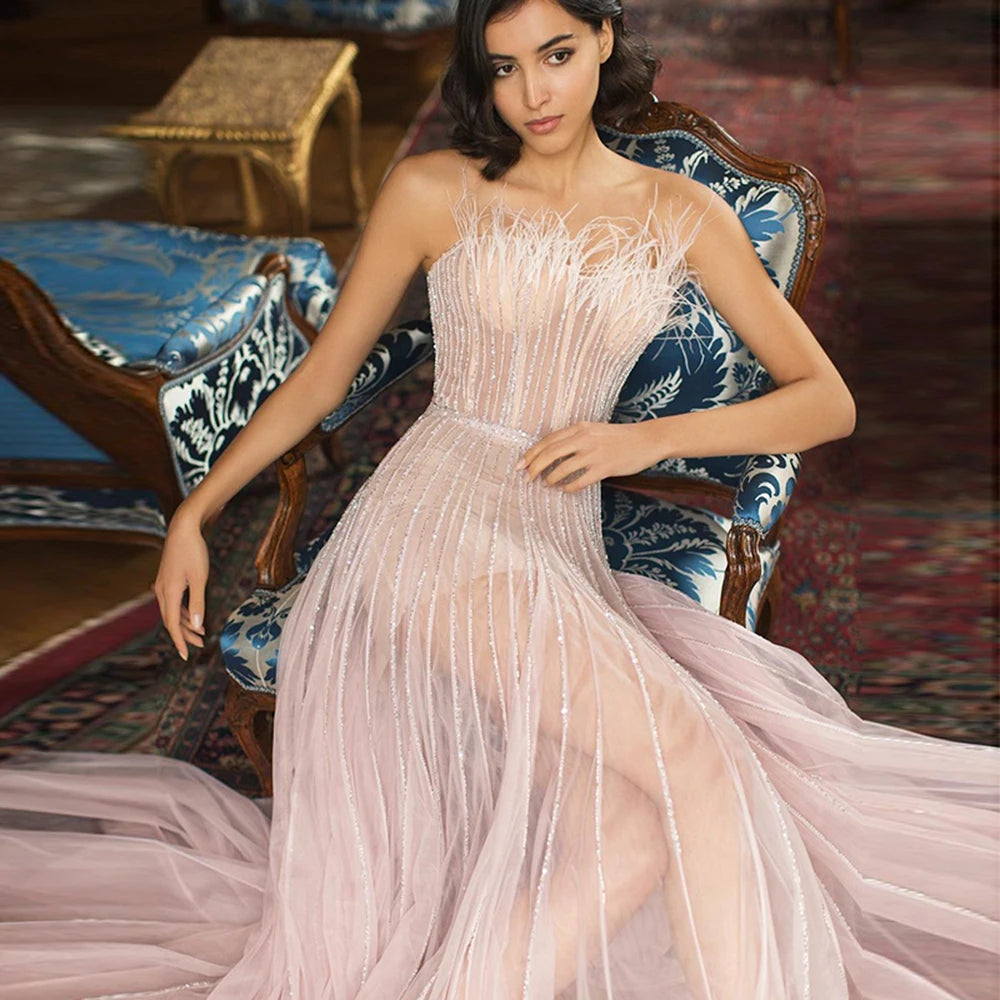 Robe de soirée de luxe rose Blush, plumes, dubaï, pour femmes, fête de mariage, arabe, longue, élégante, robes de bal formelles 