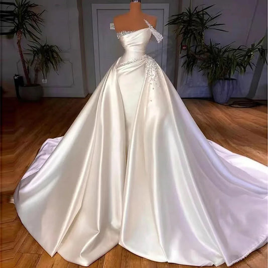 MSIKOODS SATIN KERK Wedding Jurken Elegante vintage een schouderkralen bruiloft bruid jurken wit een lijn Arabische trouwjurken