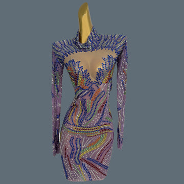 Sparkly Multicolour Rhinestone Mini Dress Sexy Women See Through Mesh Event Short Dress Birthday Party Photo Shoot Wear Malanhui