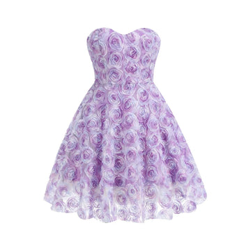 Purple Color Women Sexy Off the Shoulder Florals Ball Gown Mini Dress Vacation Cute Girls' Birthday Party Dress