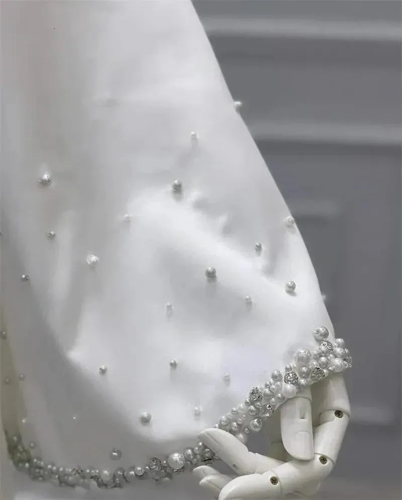Elegant Long Sleeve Muslim Wedding Dress Bride Satin Beaded Pearls Ivory Bridal Gowns High Neck Robe De Mariée White