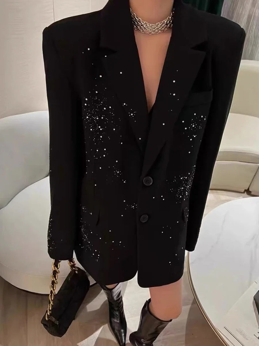 Solid Loose Spliced Bead Fashion Blazers for Women Lapel Long Sleeves Patchwork Single Breasted Blazer Female New