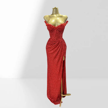 Haute Couture Red Sequins Sexy Off The Shoulder High Split Ankle Lenght Dress Woman Birthday Party Dress Celebrity Patry Outfit