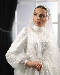 Vestidos de novia musulmanes de lujo con hiyab para mujer, vestido de novia de manga larga con cuentas y perlas en forma de A