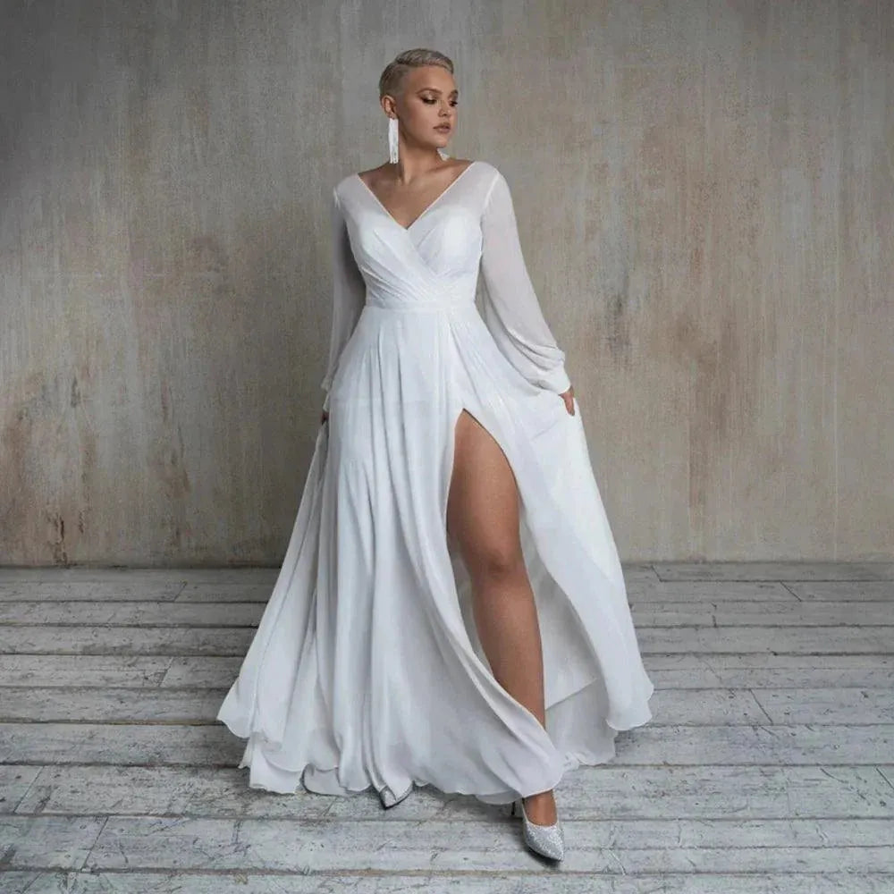 Plus Size Chiffon Wedding Dress V Neck Long Sleeve High Slit Beach White Bridal Gown Sweep Train Simple Custom Свадебное платье Ivory Plus Size
