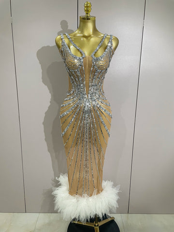 Luxury Sexy Silver Rhinestone Mesh See Through Long Dress 2025 New Women Birthday Party Prom Gown Singer Nightclub Stage Costume