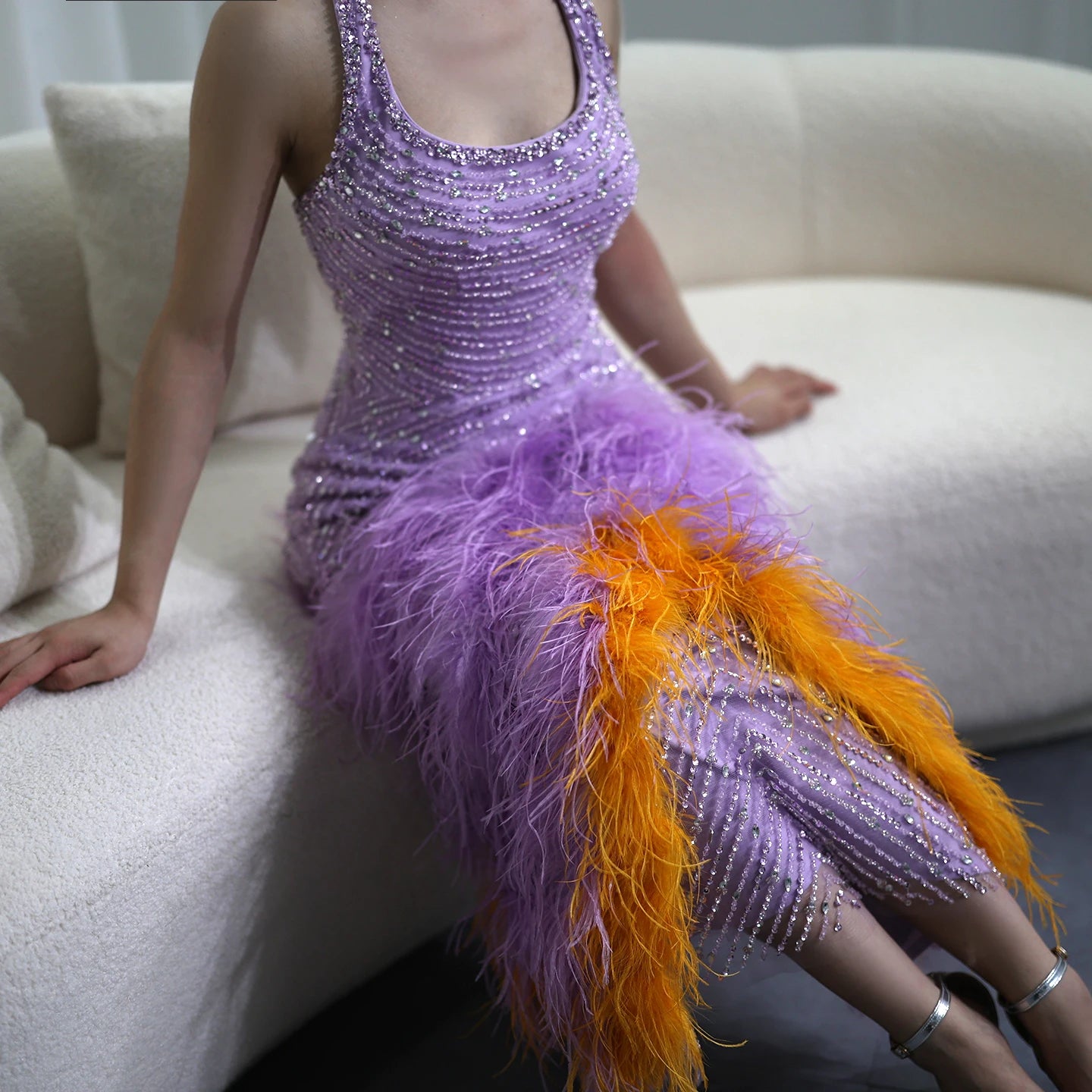 Luxury Dubai Feathers Lilac Evening Dresses 2024 Elegant Halter Mermaid Arabic Women Wedding Party Prom Gowns