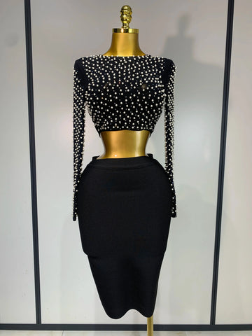 Women Sexy Long Sleeve Mesh Pearl Black Top Celebrity Midi Women Bandage Set  Designer Evening Party Birthday Two Piece Set