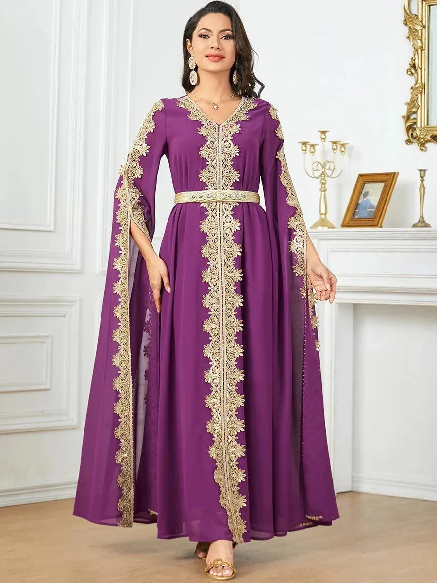 Muslim Saudi Women Elegant Ethnic Dresses With Sashes Lace Tape Super Long Sleeve Turkish African Party Abayas 2024 Purple Dress