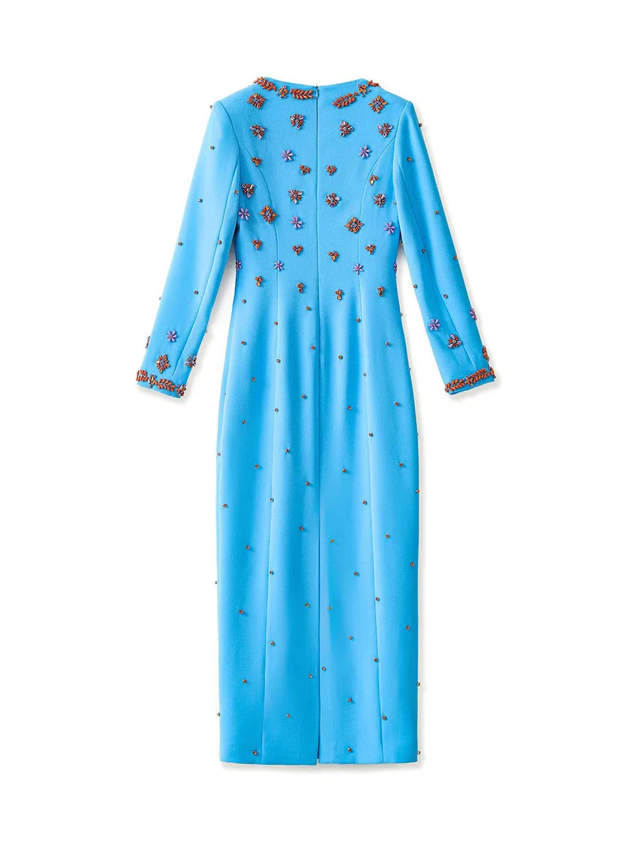 TWOTWINSTYLE Solid Slimming Spliced Bead Luxurious Dresses for Women Square Neck Long Sleeves Temperament Dress Female Clothing