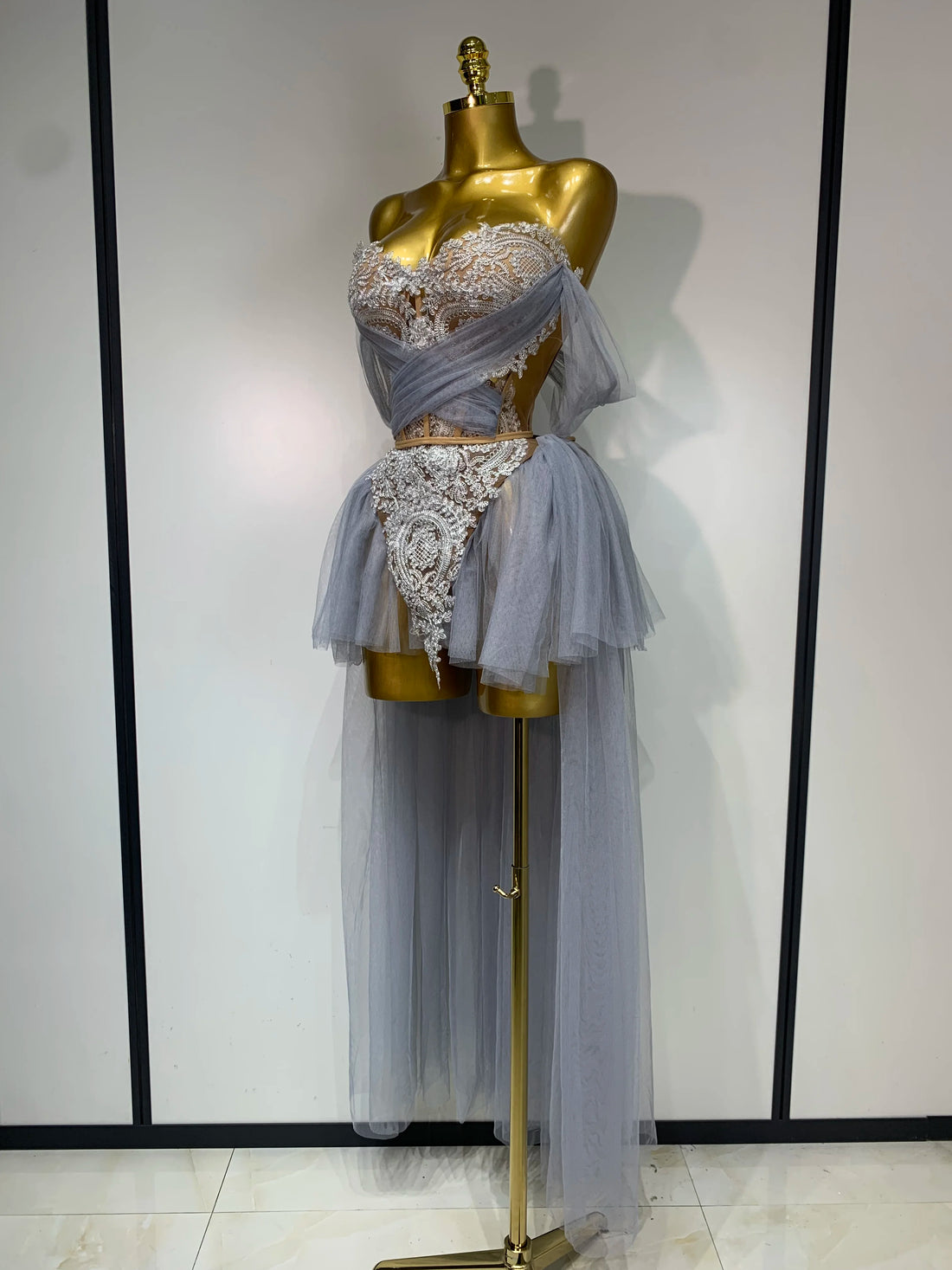 Sexy Backless Mesh Top Skirt Two Pieces Set Celebrate Festival Performance Costume Luxury Birthday Evening Party Design Dress