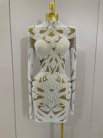 New High-end Elegant Evening Gown AB Rhinestones Pearls Luxury Long Sleeves Mesh Dress Women Cocktail party Wedding Costume