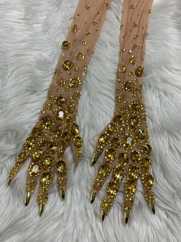 Luvas Longas de Malha com Strass Dourados de Luxo para Mulher, Acessórios Brilhantes para Dançarina, Cantora, Festa em Discoteca e Palco