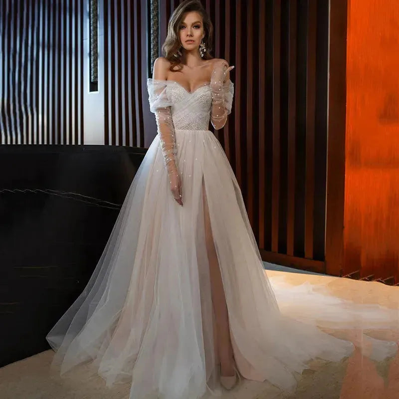 Champagne Wedding Dresses Sexy Side Split Dots Tulle Bride Dress Long Sleeve Off The Shoulder Wedding Gowns Plus Size 50cm