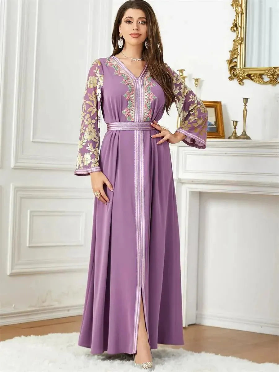 Muslim Fashion Autumn Winter Velvet Tape Trim Printing Long Sleeve V-Neck Belted Dress Jalabiyat Moroccan Abaya Purple Dress