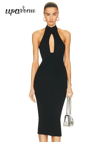 2025 Sexy Women Hanging Neck Sleeveless Bandage Dress Bodycon Off Back Knee Black Dress Celebrity Cocktail Evening Party Vestido