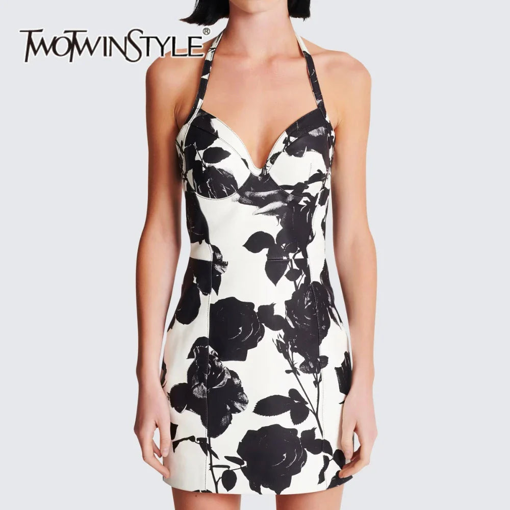 Hit Color Slimming Spliced Printing Dresses for Women Halter Neck Sleeveless Temperament Dress Female Fashion New