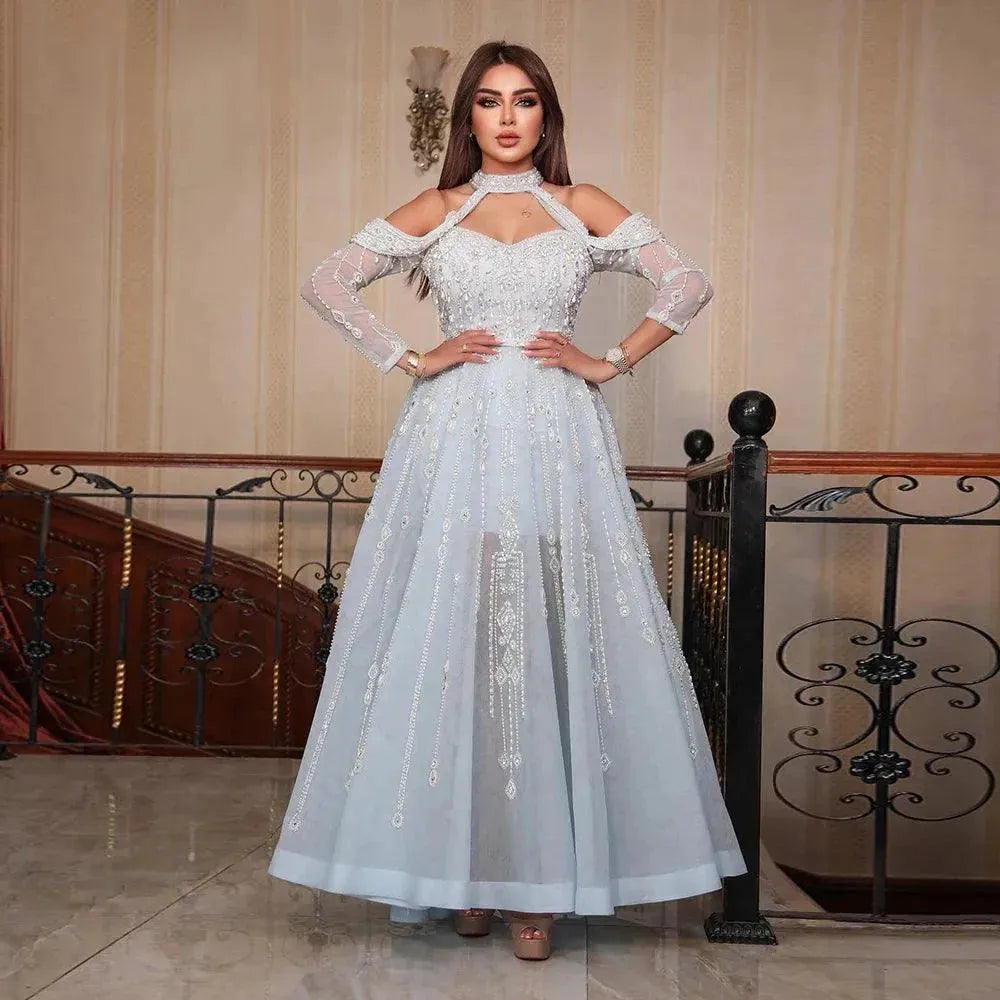 Luxury Dubai Light Blue Evening Dress for Women Wedding Elegant Off Shoulder Beaded Arabic Formal Party Gowns Evening Dress