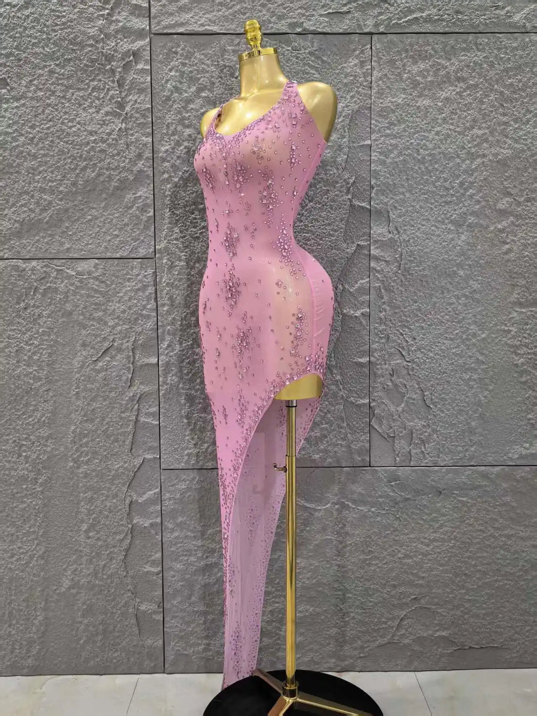 Pink Rhinestones Women Sleeveless Sexy Off the Shoulder Mesh See Through Bodycon Long Dress Celebrate Nightclub Party Outfit