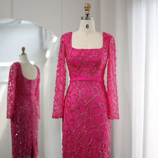 Vestidos de noche elegantes de color rosa intenso con borlas de Dubái para mujer, vestidos de fiesta de boda árabes de manga larga y color fucsia 