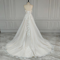 Luxe Shimmer Tule Off Shoulder Wedding Jurk met geborduurde 3D -bloemen lieverd gezwollen veter op maat gemaakte bruidsjurken