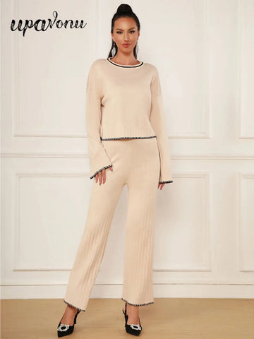 2025 Spring Casual Women's Knitted Pants Set O-neck Long Sleeve Hoodie Loose Knitted Shirt+Straight Pants Two Piece Set