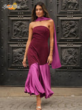 2025 Chic Purple Shawl Collar Off Shoulder Maxi Dress Fashion Contrast Spliced Pleated Hem Backless Robe Lady New Party Dresses