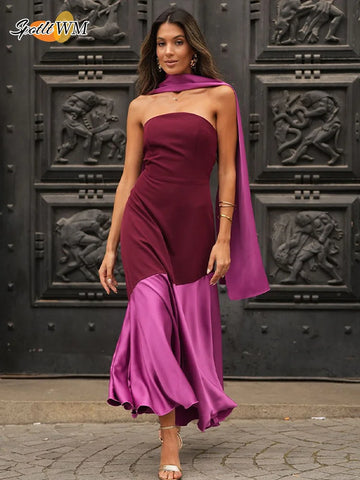 2025 Chic Purple Shawl Collar Off Shoulder Maxi Dress Fashion Contrast Spliced Pleated Hem Backless Robe Lady New Party Dresses