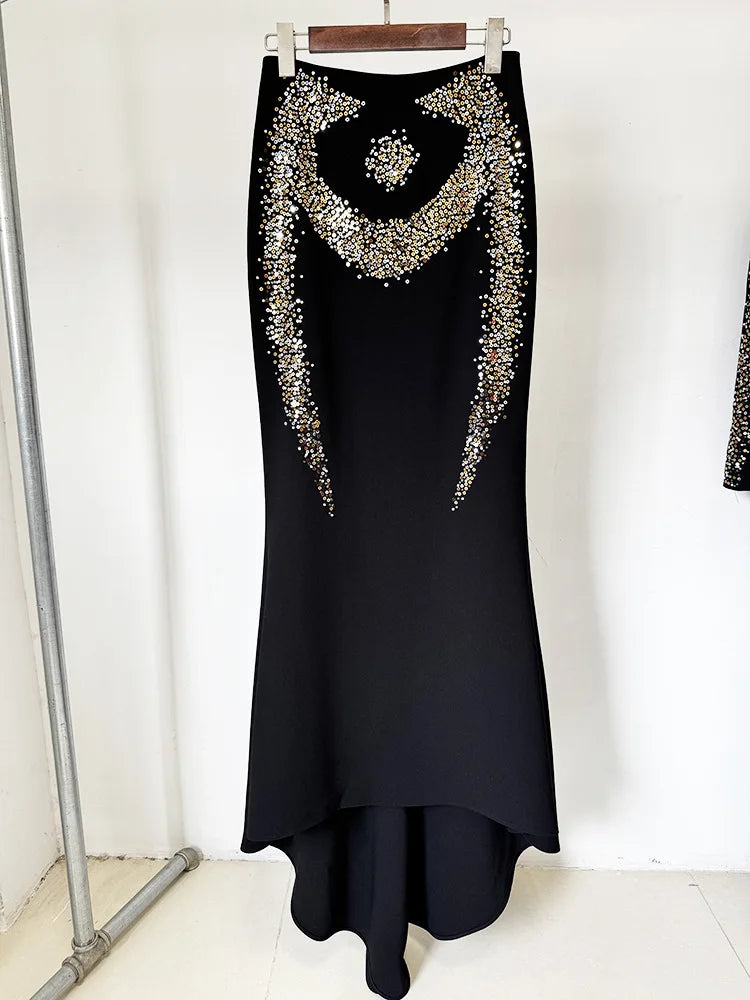 Autumn Women Long Sleeve Sexy Shinning Rhinestones 2 Pieces Bodycon Long Skirt Set Formal Evening Party Celebrate Set