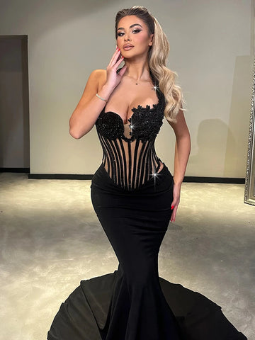 VC Glamouröses schwarzes Neckholder-Pailletten-Blumen-Mesh-Top-Mermaid-Kleid für Galas und Abendkleider