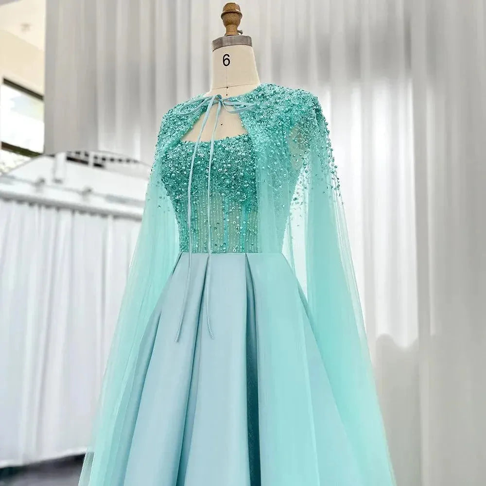 Luxury Dubai Pink Arabic Evening Dress with Cape Turquoise Ankle Length Short Midi Women Wedding Party Dress Evening Dress