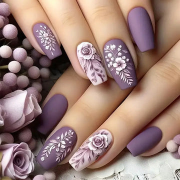 24pcs Purple Ballet Press on False Nails Art Short Coffin Nails Tips Flower Design Fake Nail Reusable with Jelly Glue Manicure