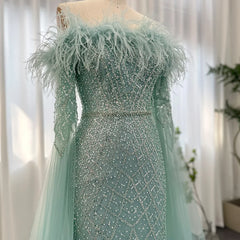 Luxury Feather Turquoise Dubai Evening Dress with Cape Sleeves Lilac Arabic Women Wedding Party Prom Gown