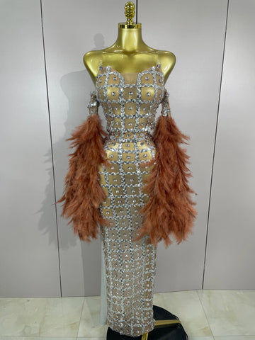 Luxury Sparkling Diamond Feather Mesh Tight Sexy Mesh Long Dress 2025 Women Birthday Party Nightclub Stage Performance Costume