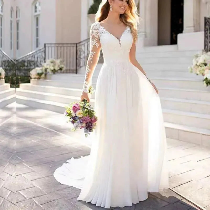 Customized V Neck Long Sleeve Chiffon Beach Wedding Dresses Open Back White Lace Applique Bridal Dress Party Vestidos De Novia White