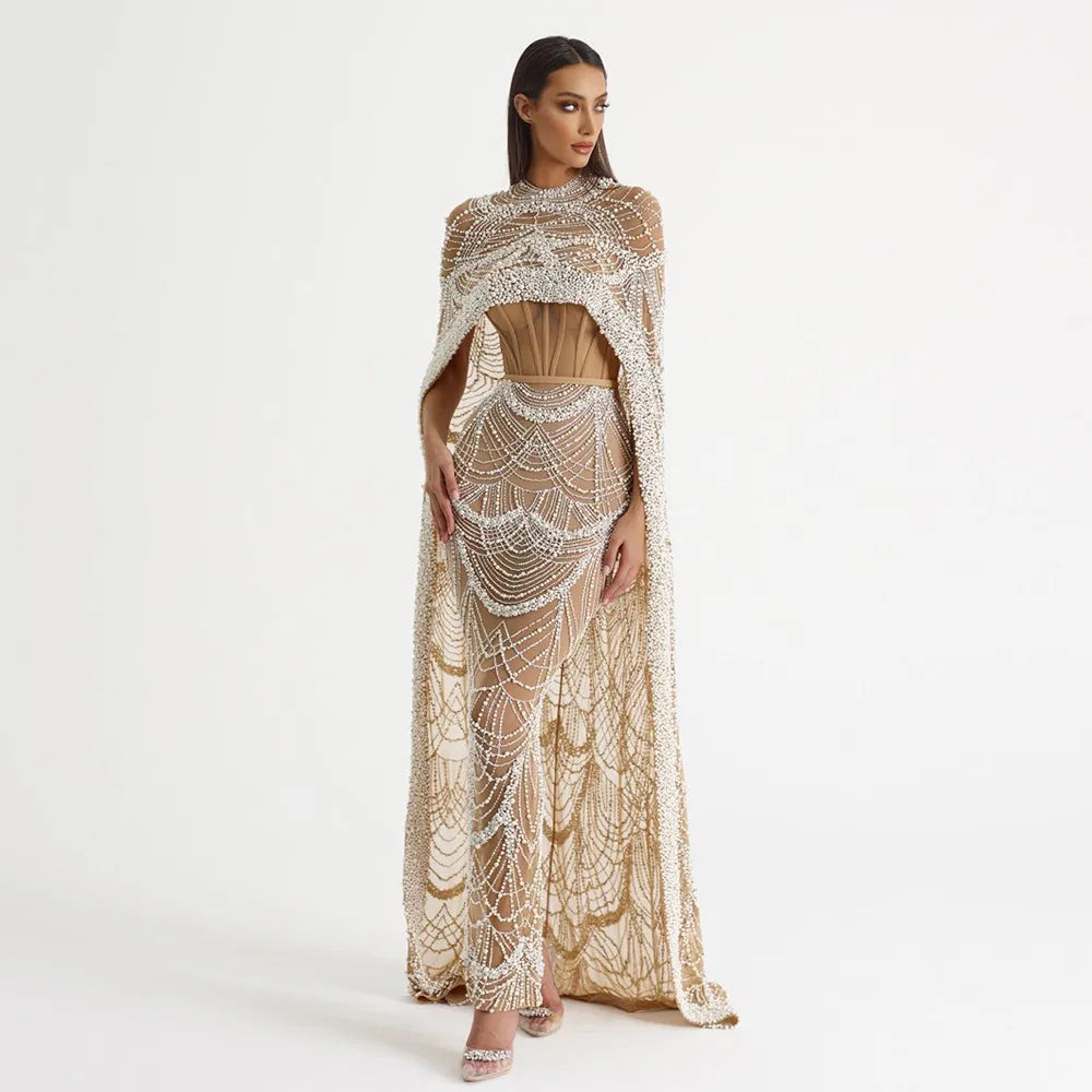Perles de luxe Dubai Champagne robes de soirée avec Cape femmes arabes sirène robe de bal de mariage 