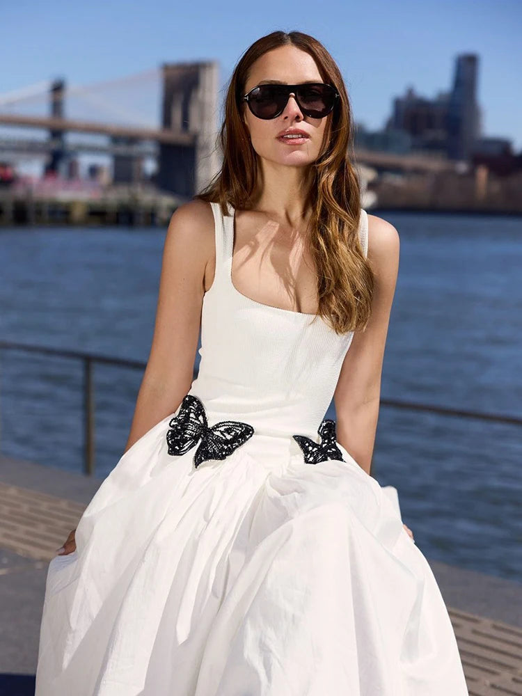 VC Fresh White Spaghetti Sleeveless  Square-Neck with Lace Butterfly Details Midi Dress for Garden Party Gown