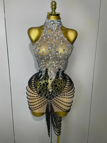 Sparkly Crystals Beading Short Dress  Women Sexy Mesh Backless Evening Prom Celebrate Birthday Dress Photo Shoot Wear